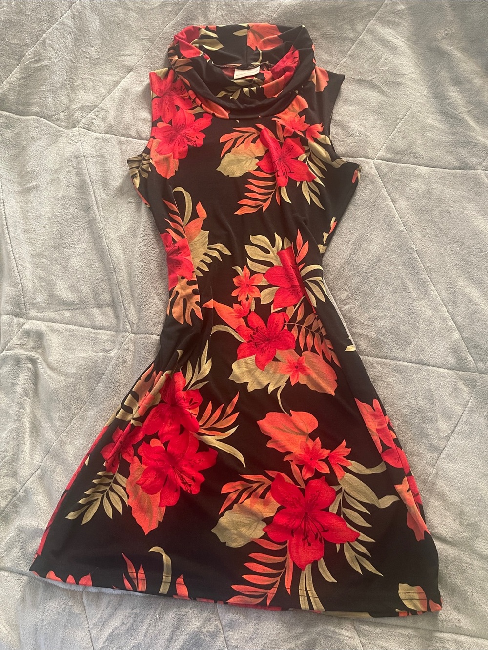 Expressions Black Mini Dress with Red & Cream Floral Print